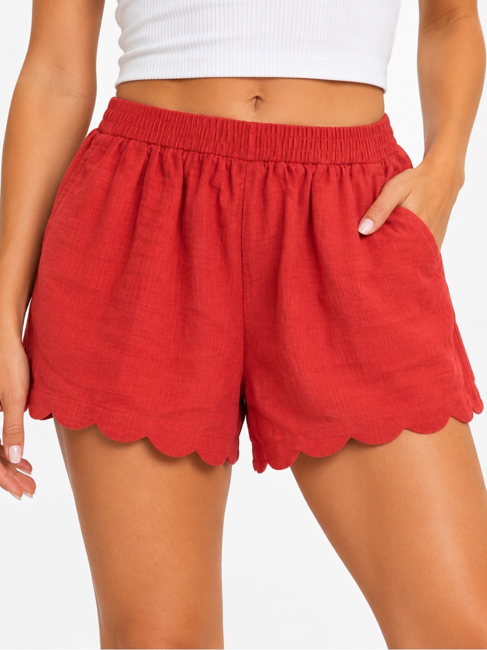 Altar’d State Red Scalloped Hem Linen Blend Shorts M